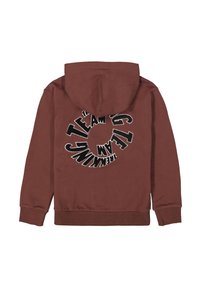 Sudadera con capucha marrón que presenta un diseño gráfico circular en blanco y negro en la parte posterior. Fabricada con una tela suave y con puños acanalados.