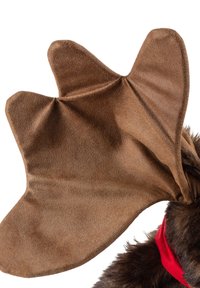 Brown faux leather moose ear hat with large, pointed ears, textured surface, and a red scarf or collar detail at the base.