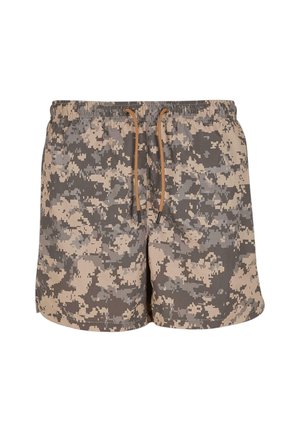 Kratke kopalne hlače z vojaškim vzorcem v odtenkih rjave, sive in temno zelene; elastičen pas z vrvico; lahka tkanina.