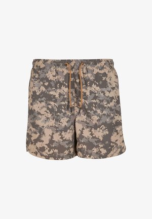 Pantaloni da bagno camouflage in tonalità di marrone chiaro, grigio e verde scuro; vita elastica con cordino; tessuto leggero.