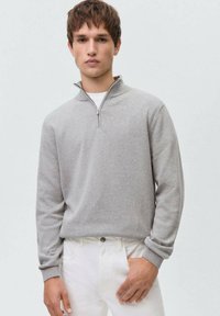 Sudadera de cremallera gris claro, mangas largas, puños acanalados, textura suave. Llevada sobre una camiseta blanca con pantalones blancos. Diseño simple y casual.