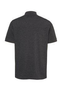 Ciemnoszara koszulka polo z krótkim rękawem, żebrowanym kołnierzykiem i gładką fakturą. Klasyczny design z prostym dołem i bez widocznych wzorów.