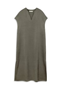 Krótka sukienka w kolorze oliwkowej zieleni z krótkim rękawem, dekoltem w kształcie litery V, prostym krojem i rozcięciami po bokach; wykonana z gładkiego, lekkiego materiału.