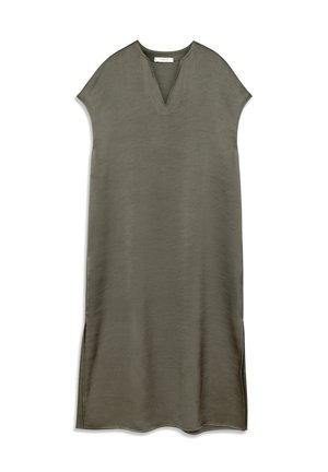 Šaty olivovo zelenej farby s krátkym rukávom, výstrihom do V, rovného strihu a bočnými rozparkami; vyrobené z hladkej, ľahkej látky.