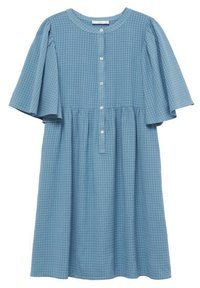 Robe à carreaux bleus en tissu léger, avec un col rond, devant à boutons et larges manches courtes. Silhouette évasée et taille froncée.
