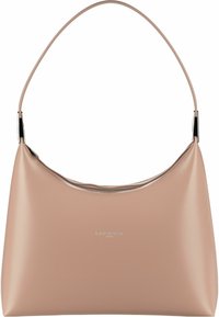 Sac à épaule en cuir rose clair avec une forme arrondie, des accents en métal argenté et une fermeture à glissière sur le dessus. Texture lisse et marque minimaliste.
