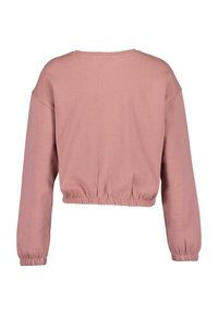 Růžová zkrácená mikina s ribbovým vzorem, dlouhými rukávy a elastickým lemem. Jednoduchý, nezdobený design s volným střihem.