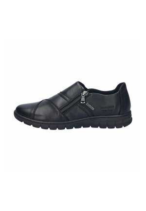 Scarpe slip-on in pelle nera con punta rotonda, tomaia testurizzata, chiusura con zip laterale e suola in gomma flessibile per comfort e facilità d'uso.