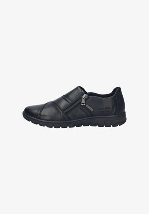 Black leather slip-on shoes with a rounded toe, textured upper, side zipper closure, and flexible rubber sole for comfort and ease of wear.