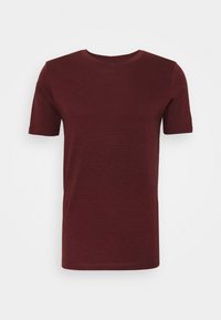 Burgundy kortärmad t-shirt tillverkad av mjukt material med rund halsringning och enkel, odekorerad design; normal passform och slät struktur.