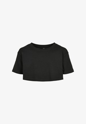 Schwarzes, kurzes T-Shirt aus weichem Baumwollstoff mit kurzen Ärmeln, einem runden Ausschnitt und ohne sichtbare Logos oder Muster. Einfaches und minimalistisches Design.