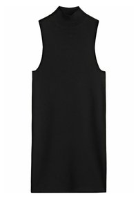 Black sleeveless dress with a high neckline, made of soft fabric, featuring a fitted silhouette and smooth texture. No patterns or accents.