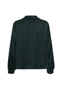Blouse vert foncé à manches longues avec col et poignets froncés, vue de dos sur fond blanc.