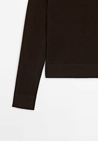 Brown knit sweater featuring a long sleeve, ribbed cuffs, and a straight hem. Soft texture with a smooth finish.