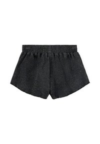 Mustat shortsit, joissa on joustava vyötärönauha, teksturoitu kangas hienovaraisilla metallinhohtoisilla pilkuilla ja rento, löysä istuvuus.