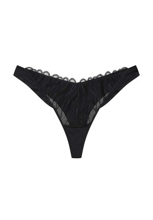 Czarny koronkowy thong z falbankowym paskiem w talii i przezroczystym materiałem z wzorem fal. Gładkie plecy i podszyty przód.