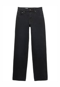 Jean large noir en denim, doté de cinq poches, d'une fermeture à bouton, de coutures discrètes et d'une coupe droite de la taille à l'ourlet.