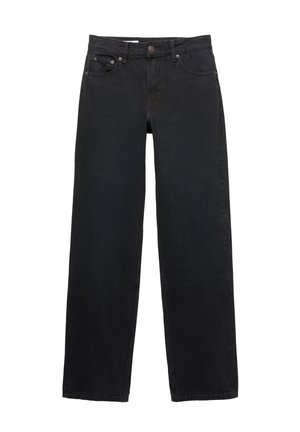 Schwarze weit geschnittene Jeans aus Denim, mit fünf Taschen, einem Knopfverschluss, dezenten Nähten und einem geraden Schnitt von der Taille bis zum Saum.