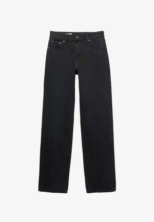 Black wide-leg jeans made from denim, featuring five pockets, a button closure, subtle stitching, and a straight cut from waist to hem.