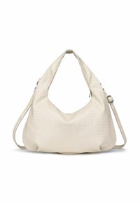 Hnedo-béžová pletená kožená hobo taška so širokým ramenným popruhom a nastaviteľným popruhom na crossbody, vystavená na bielom pozadí.