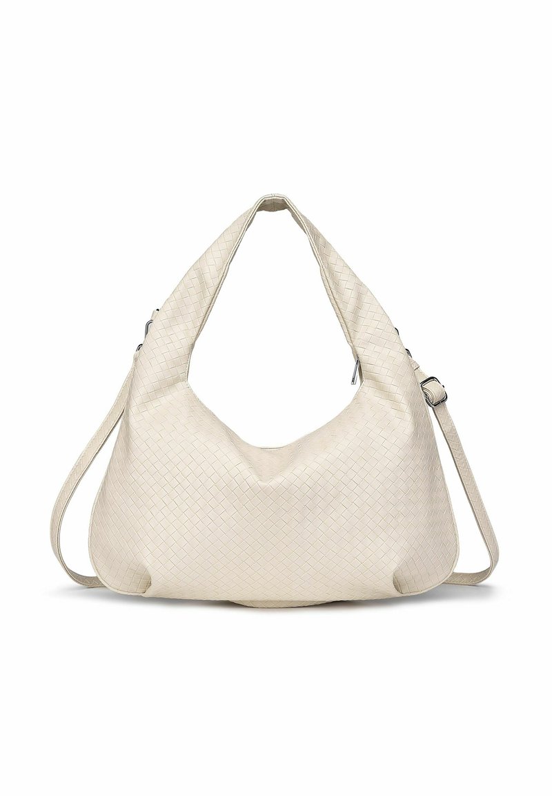 Hnedo-béžová pletená kožená hobo taška so širokým ramenným popruhom a nastaviteľným popruhom na crossbody, vystavená na bielom pozadí.