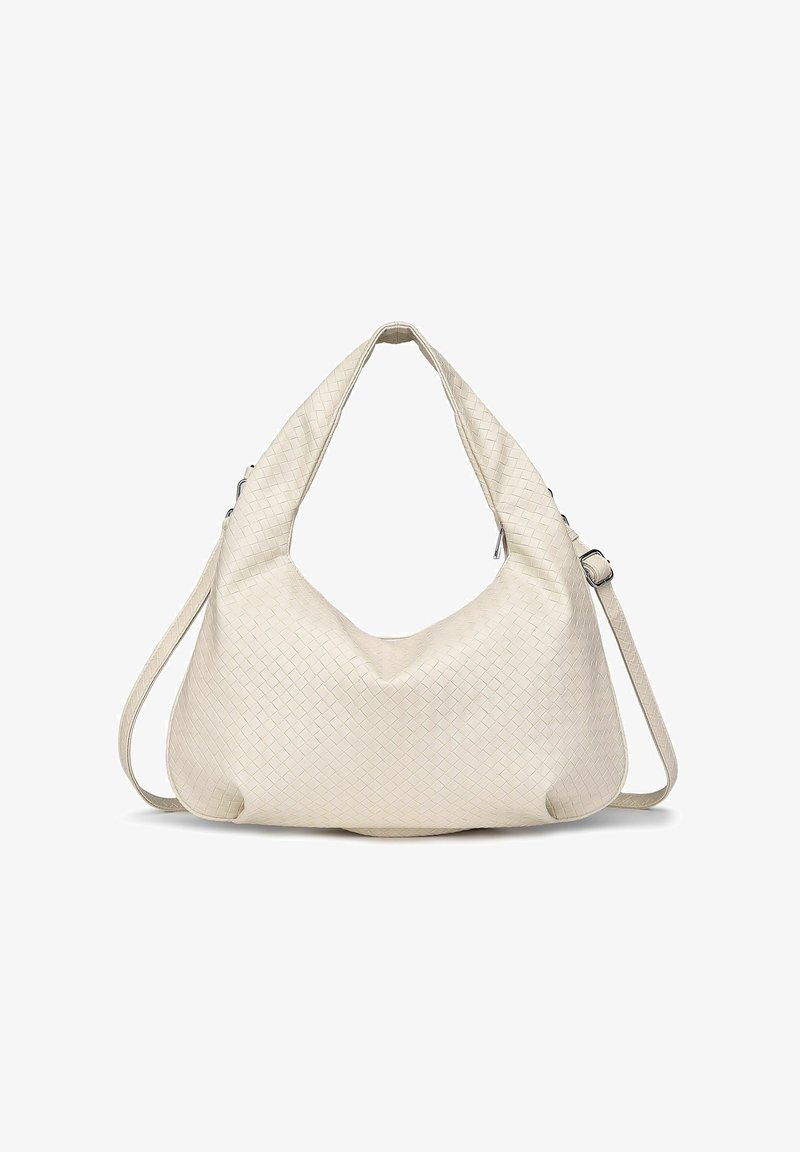 Hnedo-béžová pletená kožená hobo taška so širokým ramenným popruhom a nastaviteľným popruhom na crossbody, vystavená na bielom pozadí.