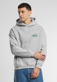 Grey cotton hoodie with a drawstring hood, front pocket, and ribbed cuffs. Features "ANOTHER COTTONLAB" logo in green on the chest.