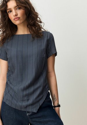 Navy blue short-sleeve top with white vertical stripes. Features a square neckline and a slightly curved hem. Made of soft fabric.
