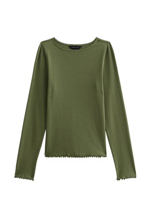 Green long-sleeve top with a ribbed texture, round neckline, and slightly frayed hem. Made from a soft fabric with a fitted design.