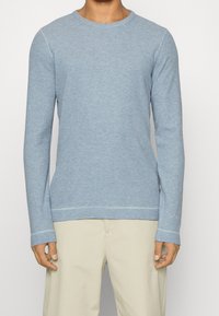 Ljust blå långärmad tröja med rund hals i ett mjukt, texturerat tyg som har ribbade ärmslut och nederkant. Tröjan har en minimalistisk design.