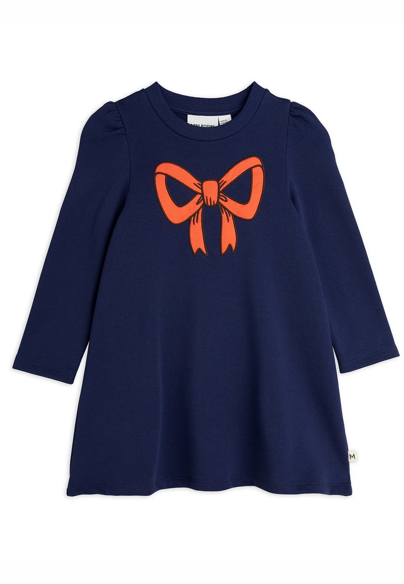 Navy dress with long sleeves and a round neckline. Features an orange bow graphic at the center. Made of soft cotton material.
