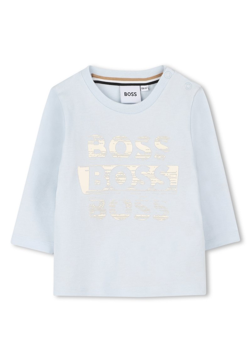 Απαλό μπλε μακρυμάνικο μπλουζάκι από βαμβάκι, με ανάγλυφο ελεφαντί "BOSS" τυπωμένο στη μπροστινή πλευρά. Διαθέτει κουμπώματα στους ώμους.