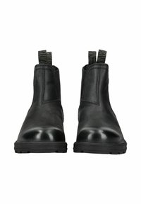 Botas de tobillo negras de cuero con paneles laterales elásticos y tiradores texturizados, que cuentan con un acabado liso y suelas de goma.