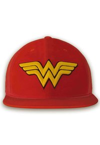 Red cap featuring a prominent yellow embroidered Wonder Woman logo with wing accents on the front. Flat brim design, smooth fabric texture.