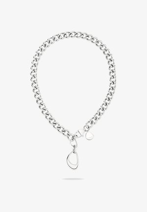 Zilveren ketting met grote, onderling verbonden ovale schakel en een sluiting met een extra luscharme. Glad, gepolijst metalen afwerking.