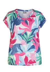 Kurzärmliges, V-Ausschnitt T-Shirt mit einem bunten Blumenmuster in Rosa, Blau und Grün auf einem weißen Hintergrund. Weiches Baumwollmischmaterial.