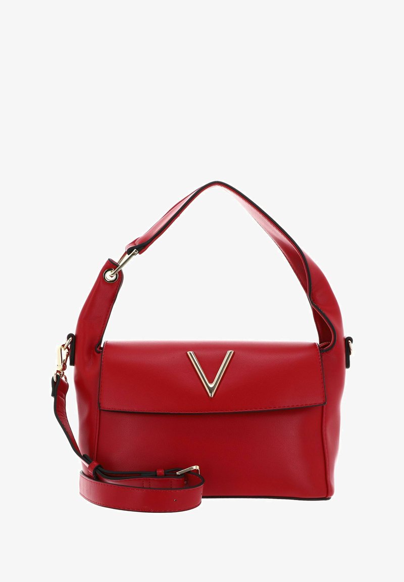 Red leather handbag with a flat design, a top handle, a detachable shoulder strap, and a gold "V" accent on the front. Black trim details.