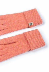 Gestrickte Wollhandschuhe in Farbverlauf von Pink mit gerippten Bündchen. Enthält ein kleines Stoffetikett am Handgelenk. Weiche Textur und warmes Design.