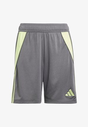 Grijze sportshorts met lichtgroene zijpanelen, elastische tailleband en lichtgroen logo bij de zoom aan de rechterkant.