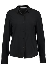 Schwarze langärmelige Hemdbluse mit Kragen, ausgestattet mit sieben vorderen Knöpfen, glattem Stoff und strukturiertem Design. Keine Muster oder Akzente.