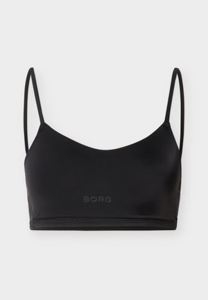 Black sports bra with thin straps and subtle "BORG" logo on the front center against a plain light background.