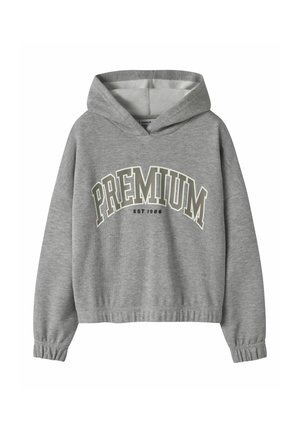 Sweat à capuche gris avec poignets et ourlet élastiques, imprimé avec "PREMIUM EST. 1986" en grandes lettres courbes sur le devant.
