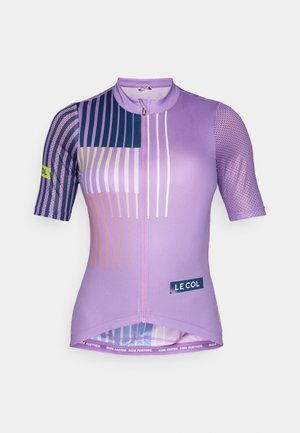 Purple cycling jersey with short sleeves, featuring geometric patterns in varying colors, zip closure, mesh accents, and a logo label.