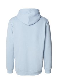 Sweat à capuche bleu clair en tissu doux avec une poche kangourou, des poignets et un ourlet côtelés. Doté d'une capuche à cordon et de coutures minimalistes.