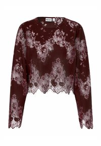 Tumši bordo krāsas garām piedurknēm, mežģīņu kroptops ar ziedu rakstiem, viļņotu apakšmalu un caurspīdīgu audumu, uz iekšējās apkakles atzīme "PIECES".