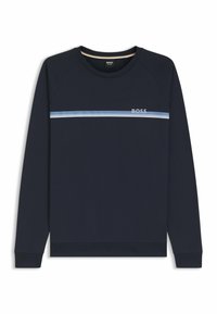 Felpa blu navy con maniche raglan, banda orizzontale blu e logo "BOSS". Realizzata in tessuto morbido con scollo rotondo e orlo a coste.