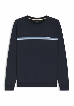 Sudadera azul marino con mangas raglán, franja horizontal azul y logo "BOSS". Hecha de tejido suave con cuello redondo y dobladillo acanalado.