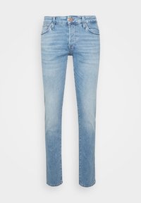 Light blue denim jeans with a straight cut, five pockets, and a button closure. Faded texture with subtle whiskering at the thighs.