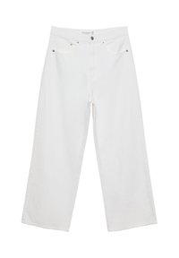 Jeans bianchi a gamba larga realizzati in denim con vita alta, dotati di cinque tasche e dettagli in metallo. Texture liscia, senza motivi visibili.