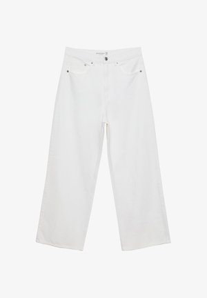 Valkoiset leveälahkeiset farkut, joissa on korkea vyötärö. Tämä malli sisältää viisi taskua ja metallisia yksityiskohtia. Kankaan pinta on sileä, ilman näkyviä kuvioita.